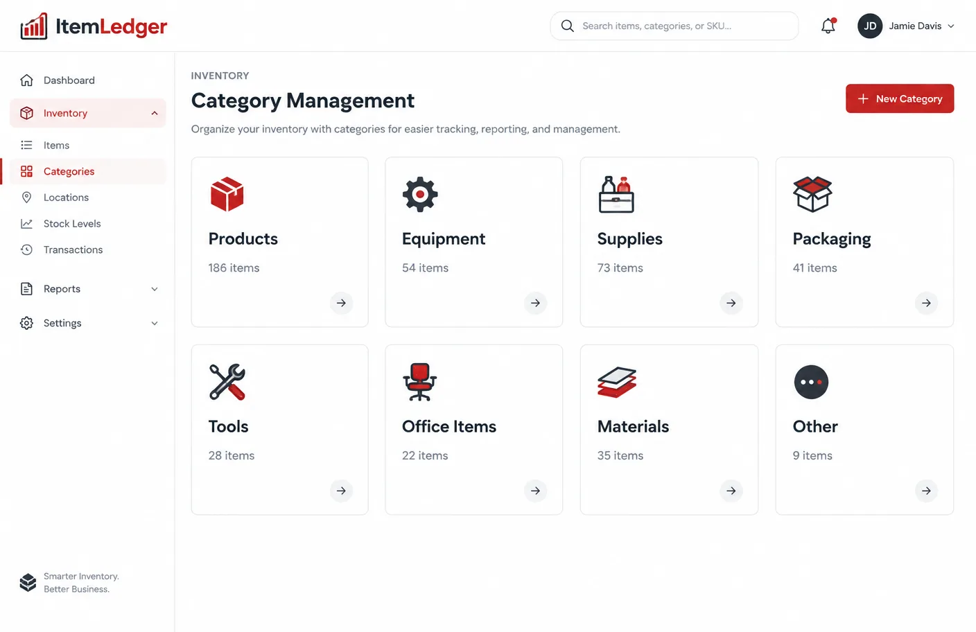 ItemLedger categories screen, illustrative software preview with fictional demonstration data